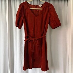 LOFT Rust Corduory Mini Dress with Puff Sleeves NWT
